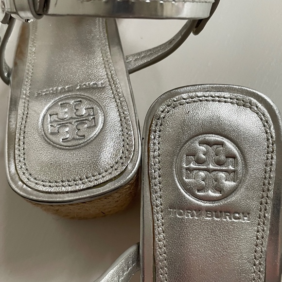Tory Burch Womens 7.5 Metallic Leather Logo Sandals Espadrille Heels Coastal - Picture 5 of 12